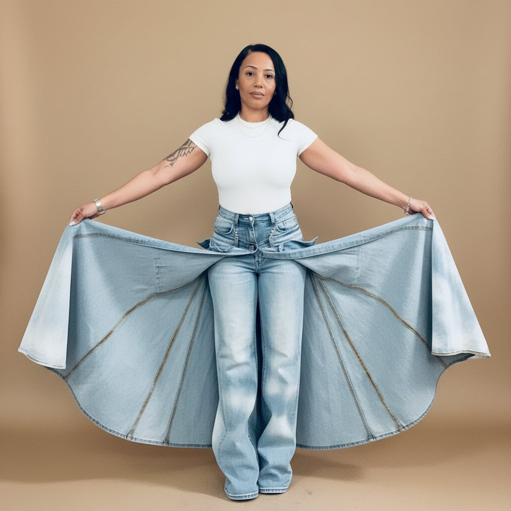 A woman stands in a doorway wearing a fitted white short-sleeve T-shirt and high-waisted light blue wide-leg jeans with a matching light blue tie-dye shirt draped over her lap. Behind her is a white wall with two framed line drawings and a closet shelf filled with shoes.