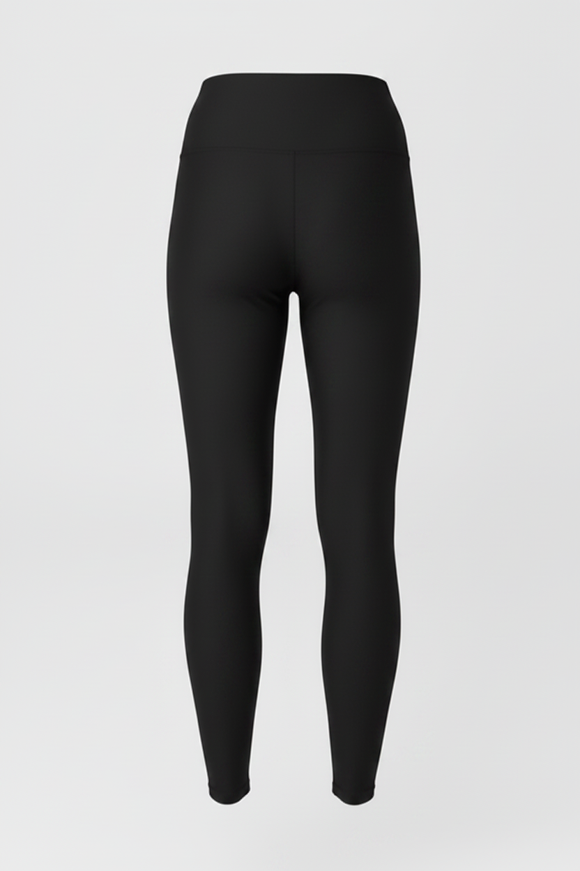 Black high-waisted leggings shown on a ghost mannequin against a light gray background.