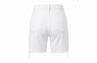 White high-waist distressed denim Bermuda shorts with product details on a white background