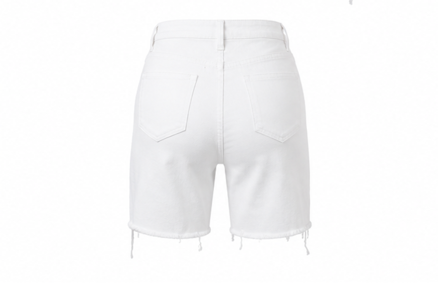 White high-waist distressed denim Bermuda shorts with product details on a white background