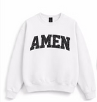 A white crewneck sweatshirt featuring the word 'AMEN' printed across the chest in a distressed black arched font, displayed against a clean white background.
