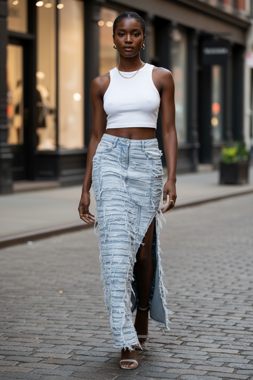 A woman modeling a white short-sleeve crop top and a long, light-wash denim maxi skirt with a high side slit, set against a plain white background.