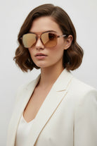 Sunglasses with a brown tint on a light gray background