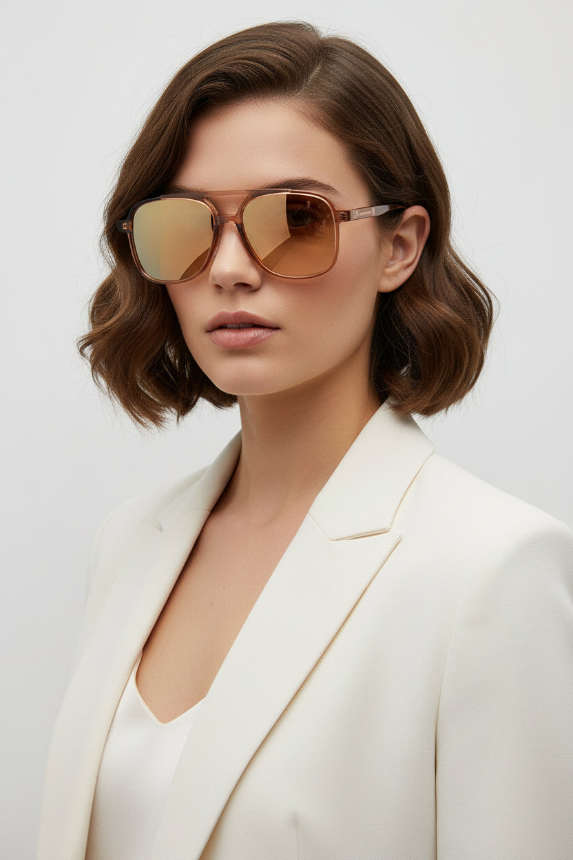 Sunglasses with a brown tint on a light gray background
