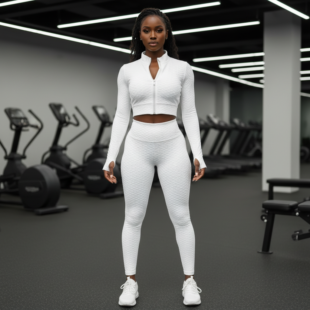A white textured two-piece athletic set consisting of a long-sleeve zip-up jacket and matching fitted leggings, displayed on a ghost mannequin against a plain white background.