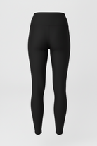 Black high-waisted leggings shown on a ghost mannequin against a light gray background.